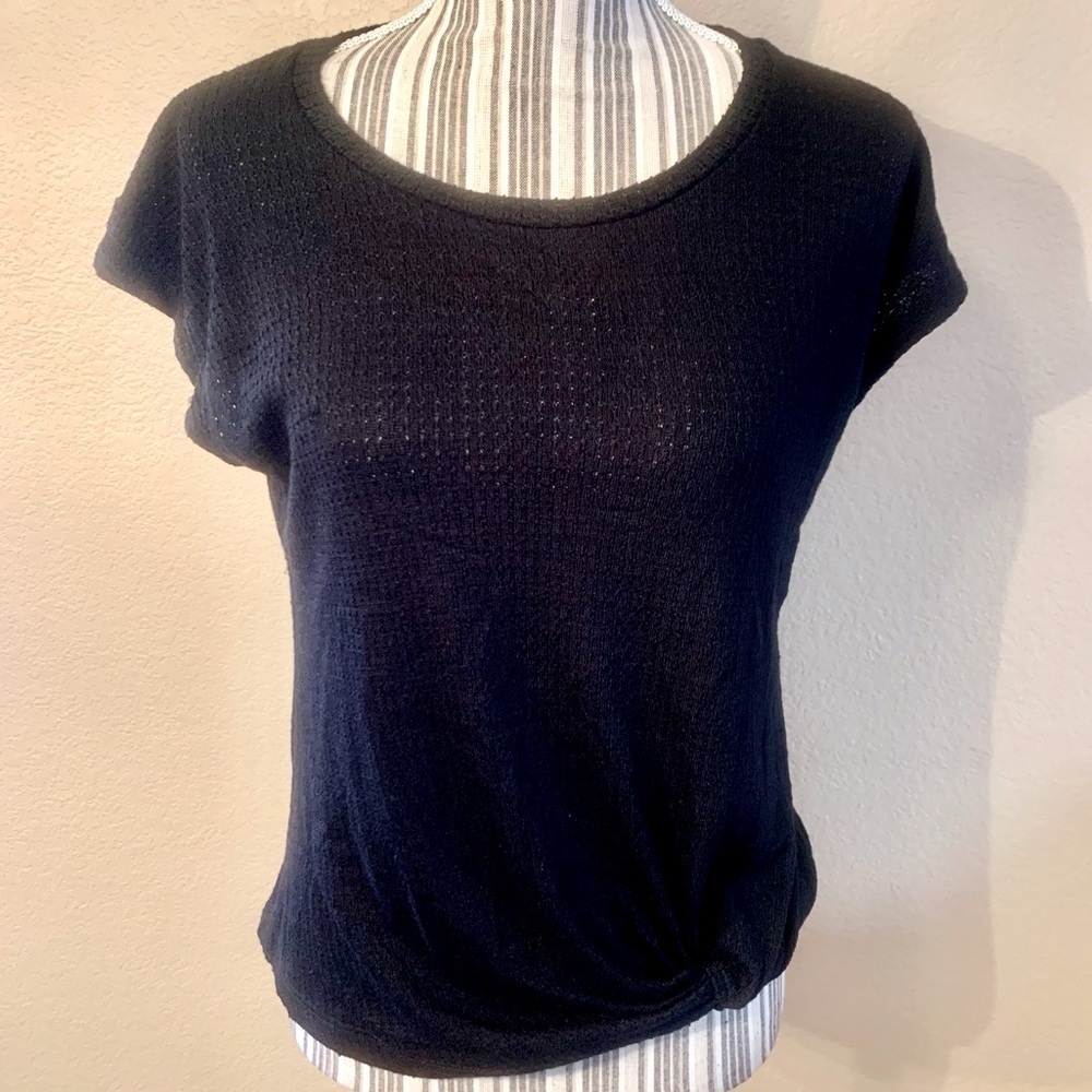 NWT Pleione Top XS Black Waffle Knit Short Sleeves Crossover Knot High-Low